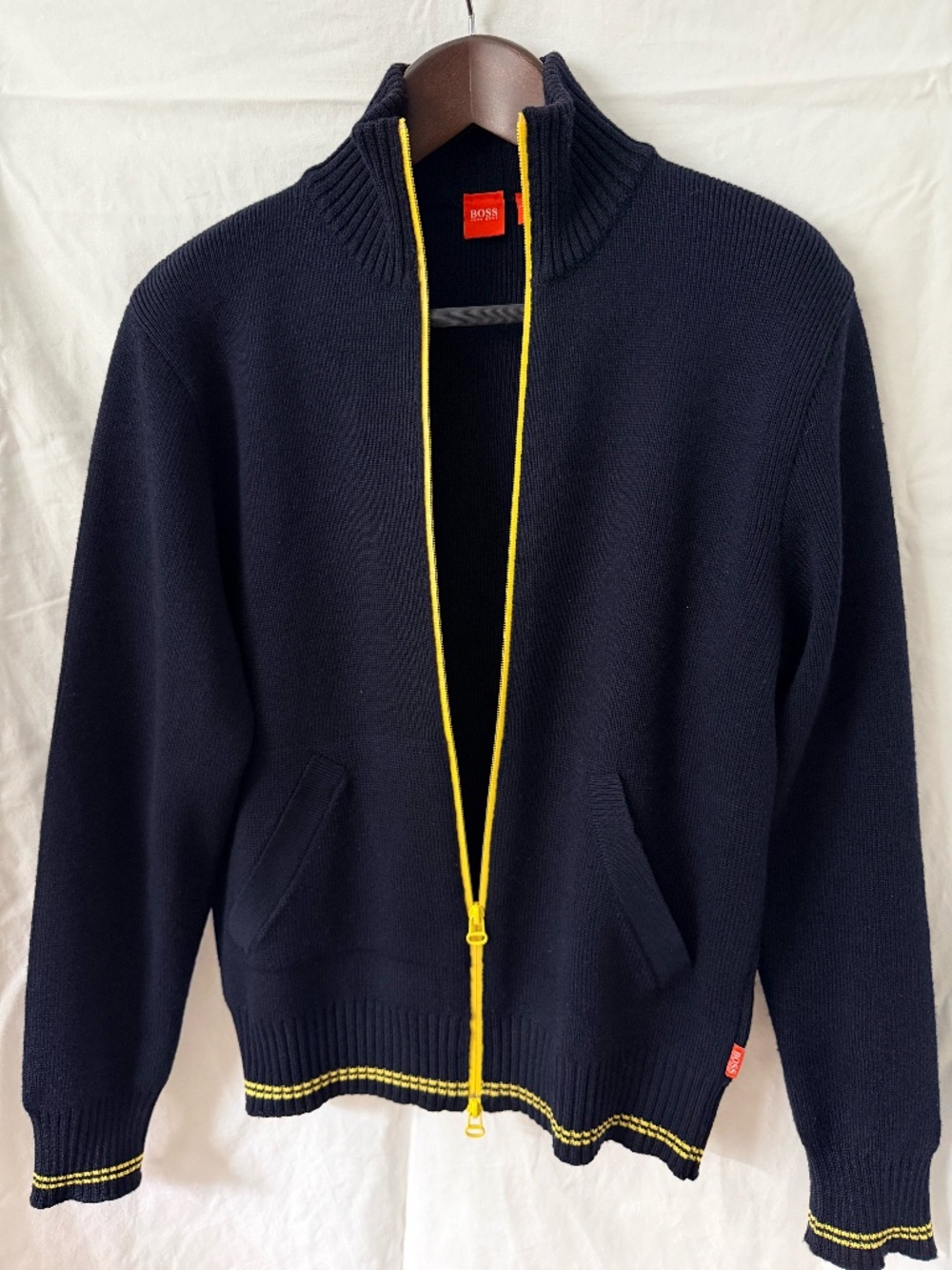 Hugo Boss Cardigan Sweater- Navy Blue with Lemon Yellow Trim